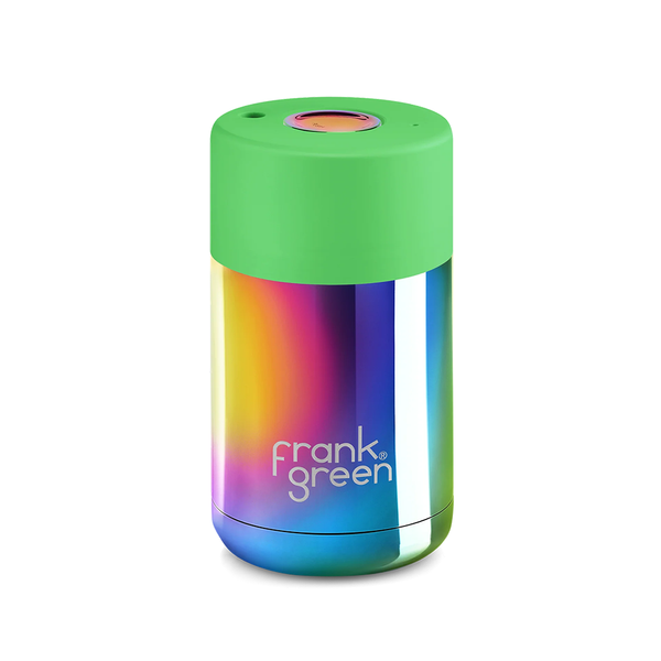 Frank Green Ceramic Smart Cup Chrome 10oz Rainbow with Neon Green