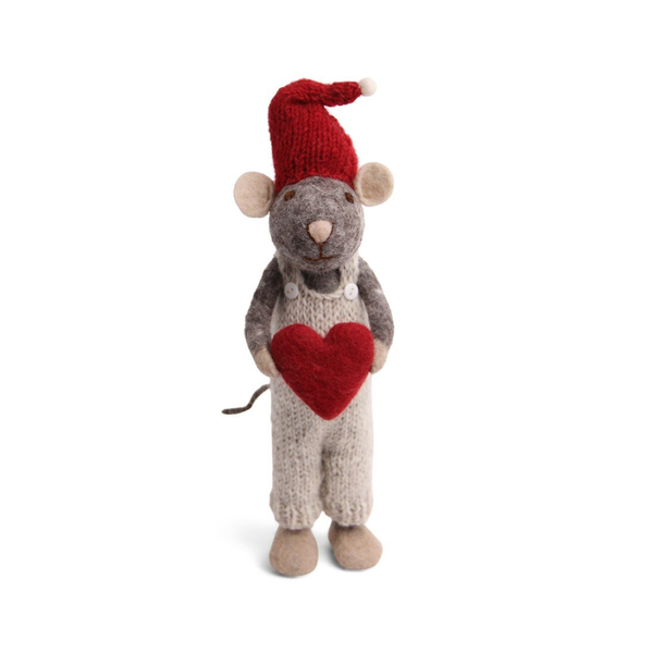 En Gry & Sif Fair Trade Felt Christmas Decoration Grey Boy Mouse w/ Heart