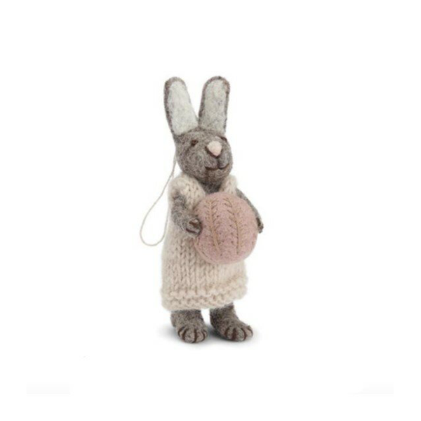 En Gry & Sif Fair Trade Felt Bunny with Grey Dress and Lavender Egg
