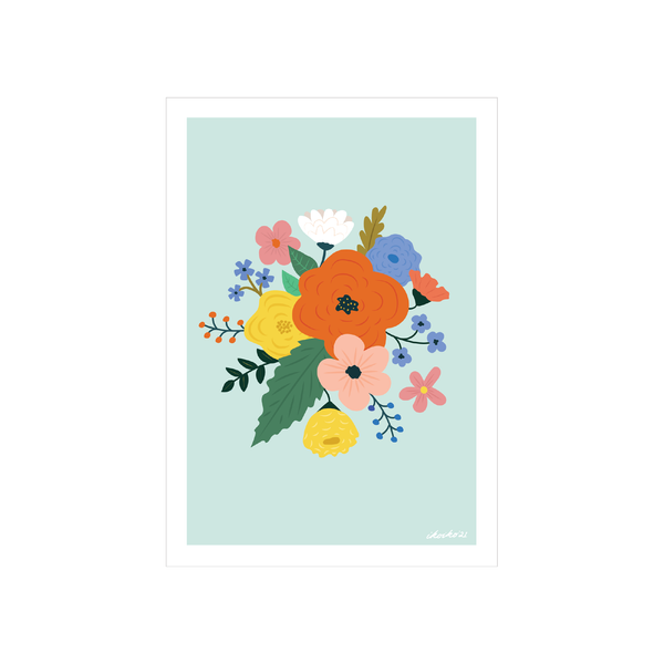 ibizaspeedcharter A4 Art Print  Bloom Bouquet Mint with Orange