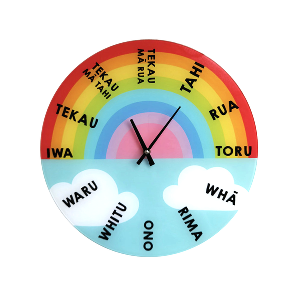 Moana Road Te Reo Māori Glass Clock Rainbow