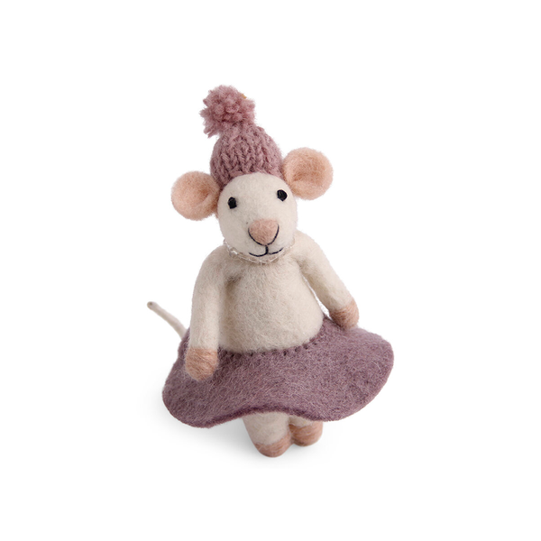 En Gry & Sif Fair Trade Felt Christmas Decoration White Mouse with Purple Dress